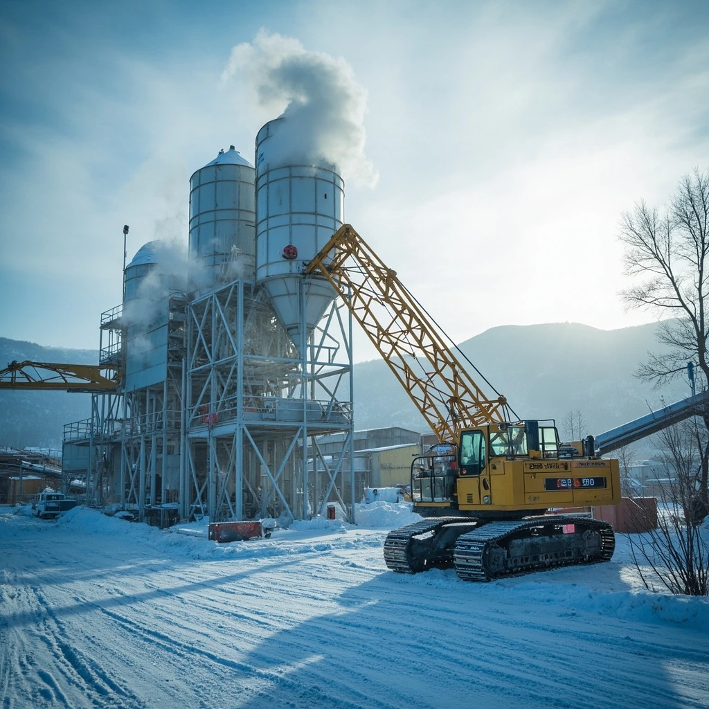 Concrete batch plant at dawn in Otaru